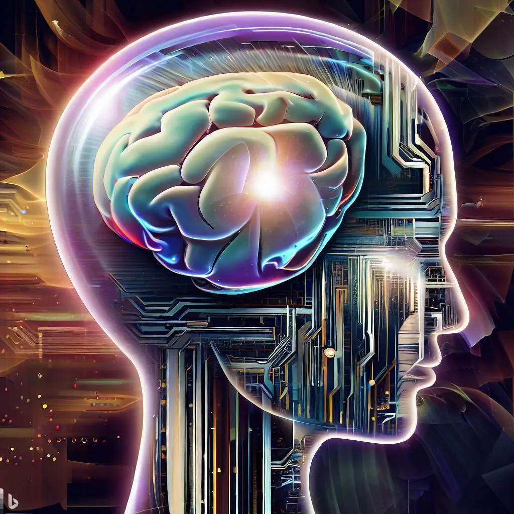 Conceptual artwork representing the integration of human minds with advanced artificial intelligence through brain-computer interfaces.