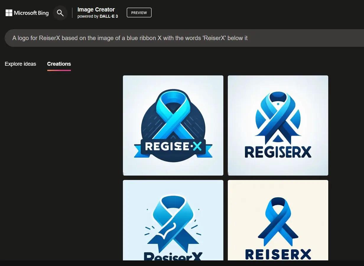 A logo for ReiserX based on the image of a blue ribbon X with the words 'ReiserX' below it