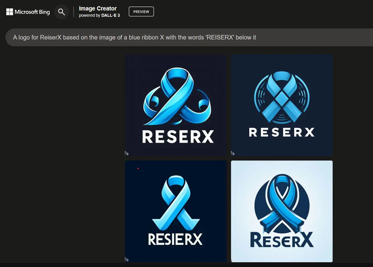 A logo for ReiserX based on the image of a blue ribbon X with the words 'REISERX' below it in all caps