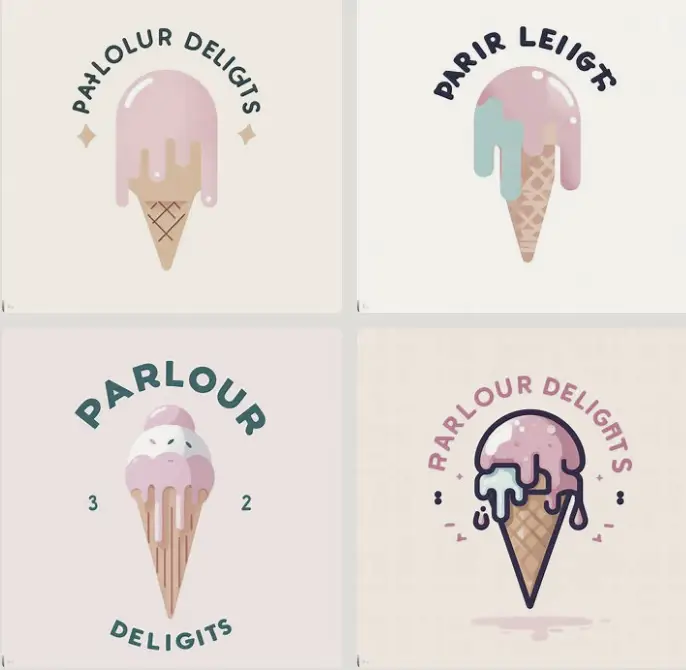 Minimalist vector logo of a melting ice cream cone with pastel colors and a playful font spelling 'Parlour Delights'