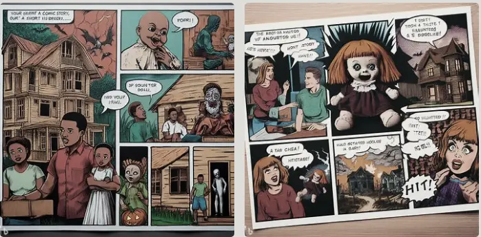 Craft a comic strip narrating a short horror story of a couple visiting a haunted house with a haunted doll.