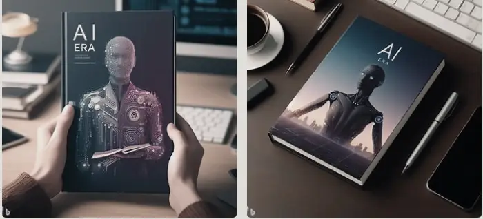  Create a persuasive book cover for the book 'AI era,' showcasing it on a desk with an aesthetic background.