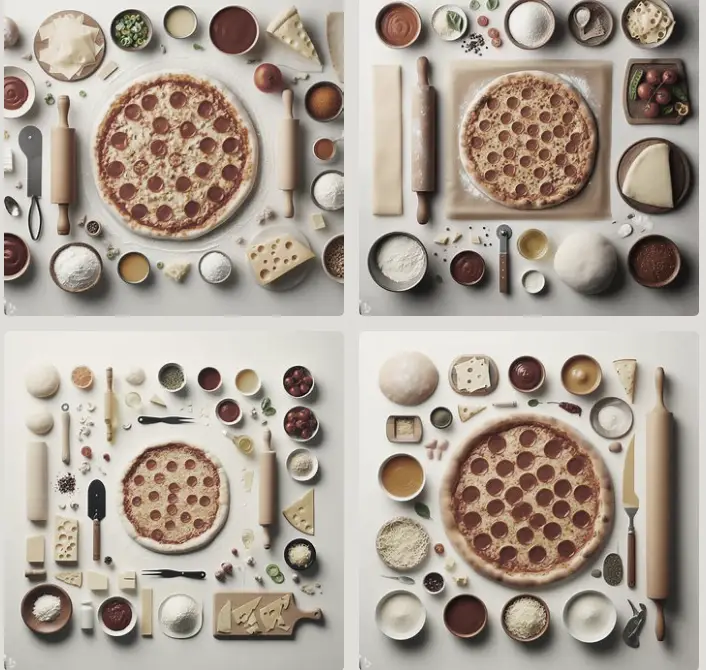 Knolling product photo of a pizza surrounded by Pizza Dough, Pizza Sauce, Cheese, Toppings, Pizza Stone, Rolling Pin, Pizza Peel, arranged on a clean background