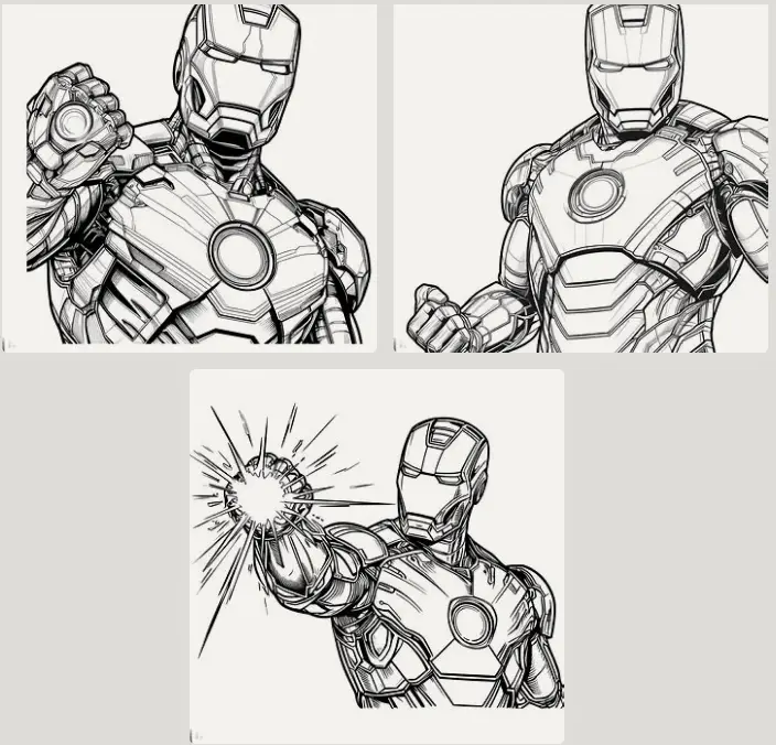 Iron Man, clean line art, coloring book page, white background, 2d
