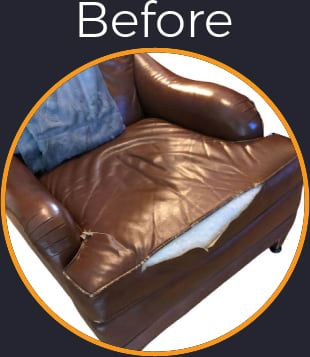 Torn Seams on T-Shaped Brown Leather Lounge Chair Seat Cushion Recovered with Top Grain Leather - Before Picture Torn Seams on T-Shaped Brown Leather Lounge Chair Seat Cushion Recovered with Top Grain Leather - After Picture