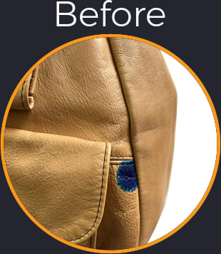 Vintage Leather Bag with Blue Sharpie Stain Removed with Color Restoration - Before Picture Vintage Leather Bag with Blue Sharpie Stain Removed with Color Restoration - After Picture