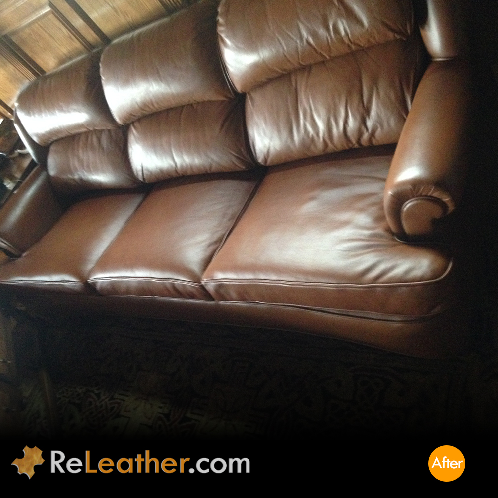 Classic Brown Leather Couch Reupholstered Seat Cushions in Huntington Beach, CA After
