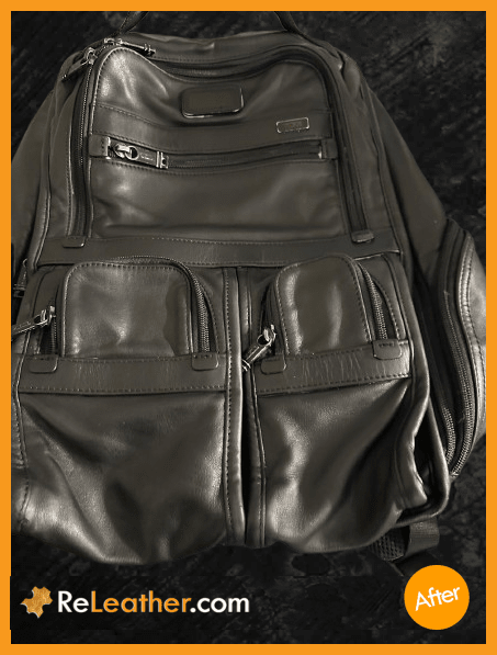 Tumi Alpha backpack before restoration – After Tumi Alpha backpack before leather restoration – worn surface and faded color – After