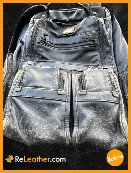 Tumi Alpha backpack before restoration – Before Tumi Alpha backpack before leather restoration – worn surface and faded color – Before
