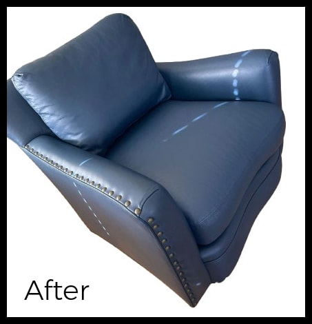 After restoration of blue brand-name leather club chair After restoration of blue brand-name leather club chair