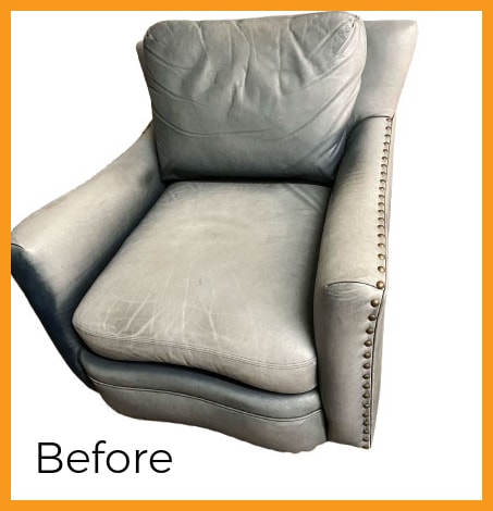 Before restoration blue leather chair with nailhead trim Before restoration blue leather chair with nailhead trim