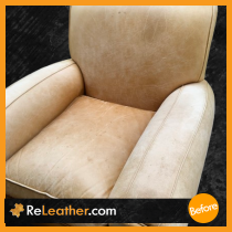 Before image of tan aniline leather Pottery Barn chair faded and stained Before image of tan aniline leather Pottery Barn chair faded and stained