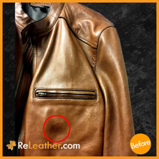 Light brown Coach jacket with grease stain before color treatment - Before Picture Light brown Coach jacket with grease stain before color treatment - Before Picture