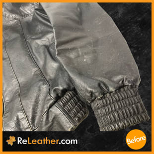 Black leather jacket with scuffs and faded color restored - Before Picture Black leather jacket with scuffs and faded color restored - Before Picture
