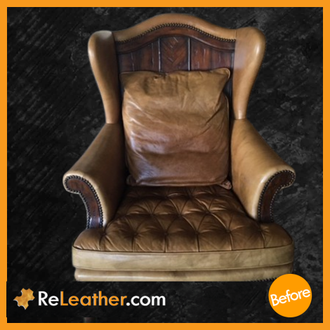 Tan aniline chair artisan style upholstery San Diego before leather dyeing