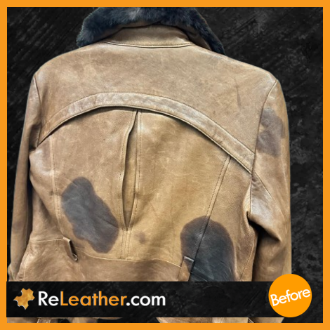 Andrew Marc Aniline leather jacket before restoration – oil stained spots – Before