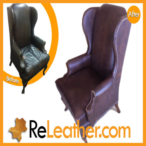 Leather reupholstery for brown Chippendale style wingback chair Leather reupholstery for brown Chippendale style wingback chair
