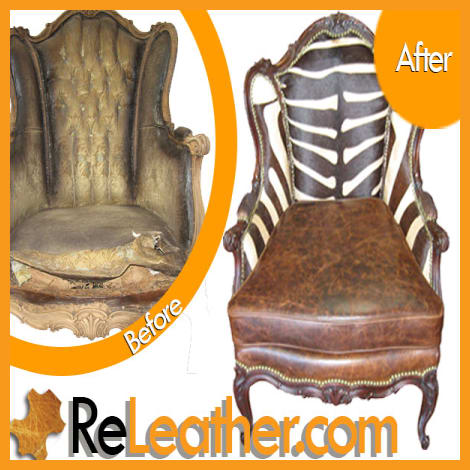 Distressed brown leather and zebra print chair upholstery Distressed brown leather and zebra print chair upholstery