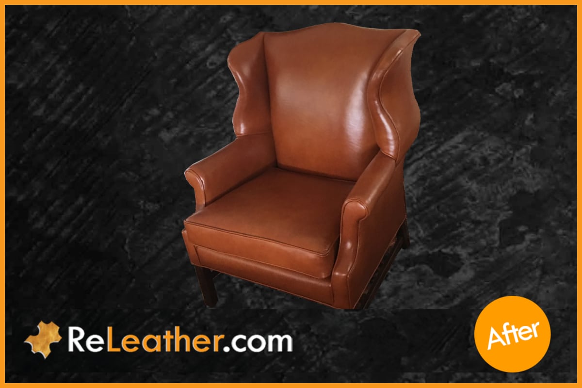 Tan waxed wingback chair after a full reupholstery in Whiskey leather