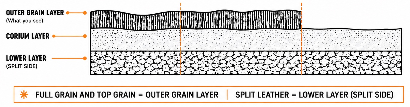 Full grain vs top grain vs split leather layer diagram Diagram comparing full grain, top grain, and split leather hide layers