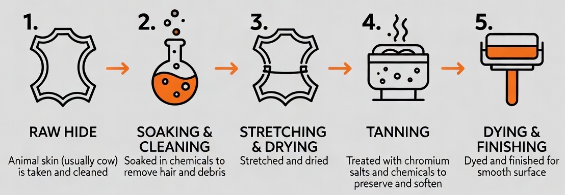 How upholstery leather is made Infographic showing five steps of leather production: raw hide, soaking and cleaning, stretching and drying, tanning, and dying and finishing
