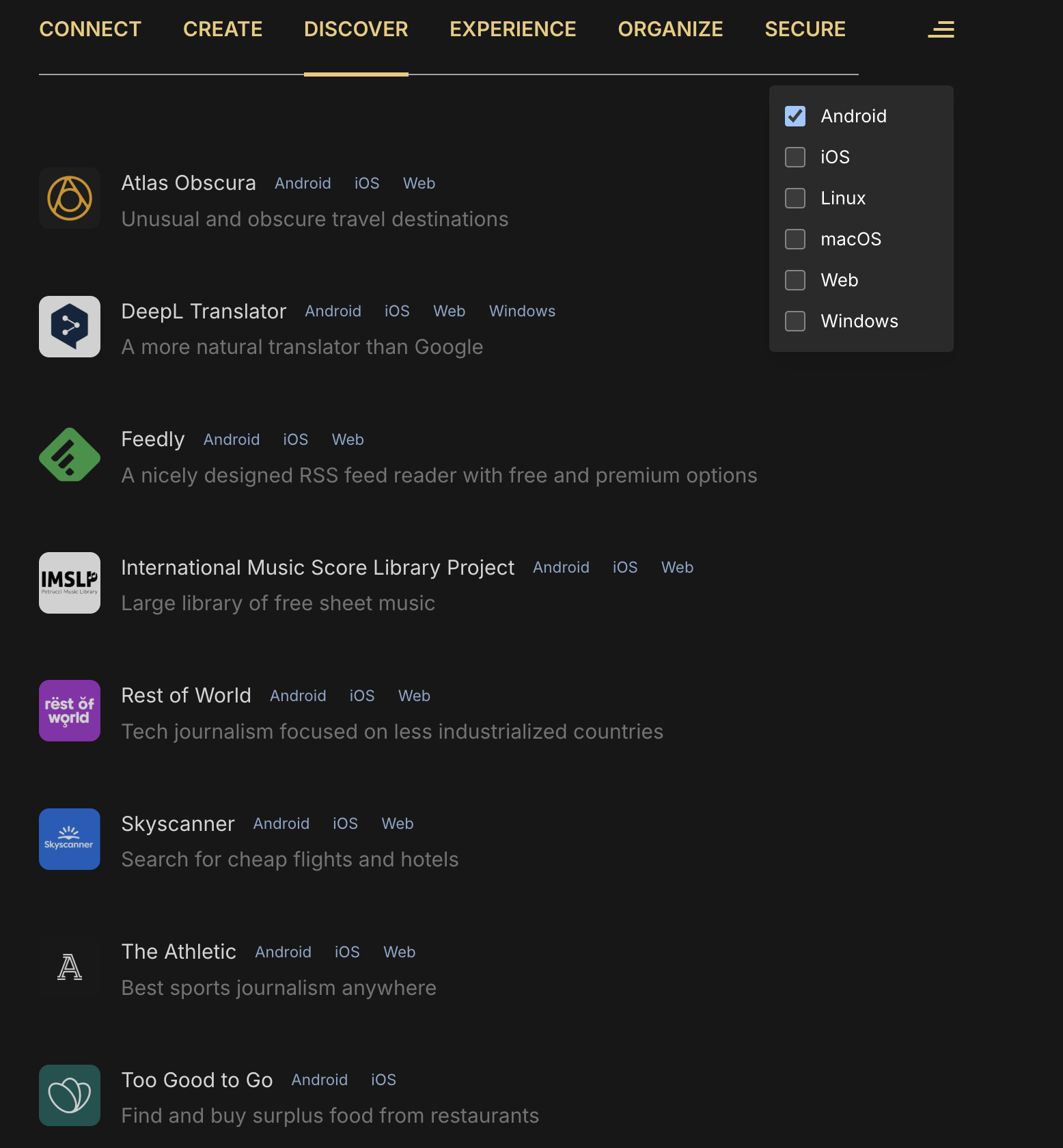 list of tools with a platform filter