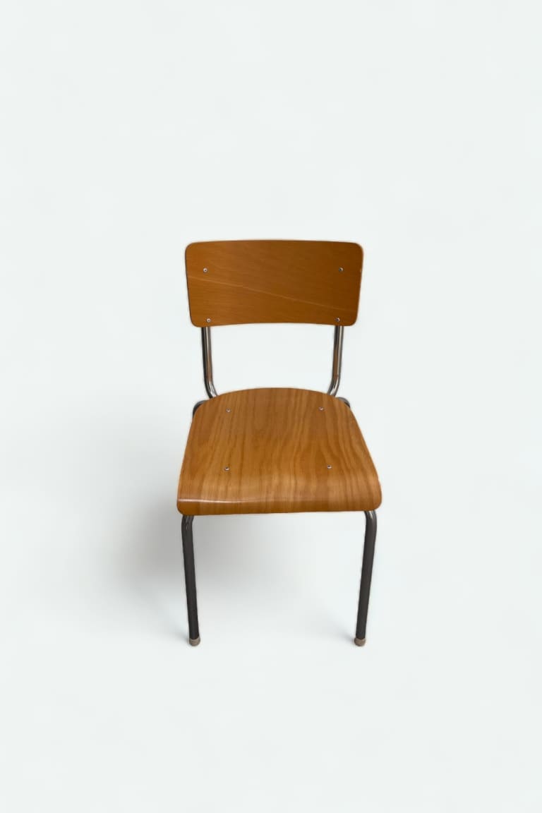 School style stackable chairs with wood seat and steel legs product image 1