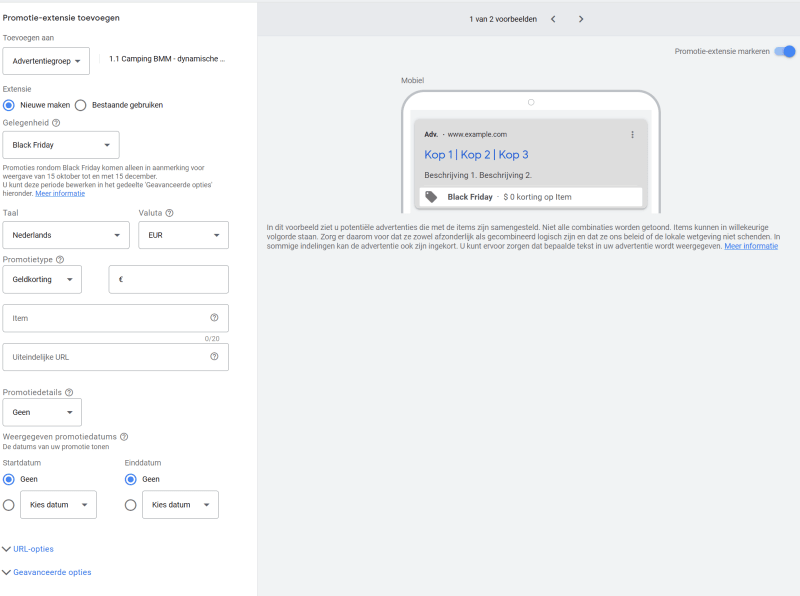 Prijsextentie maken Google Ads