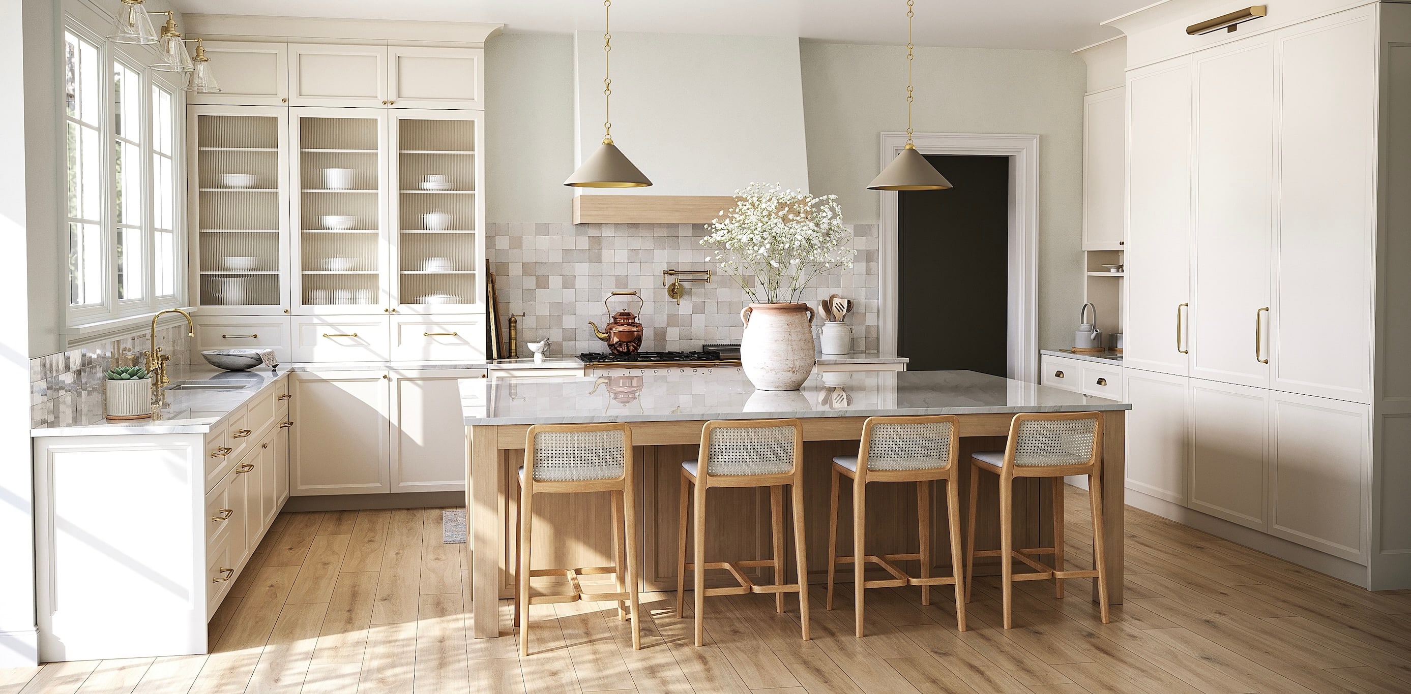 Beige kitchen with plants on kitchen island
