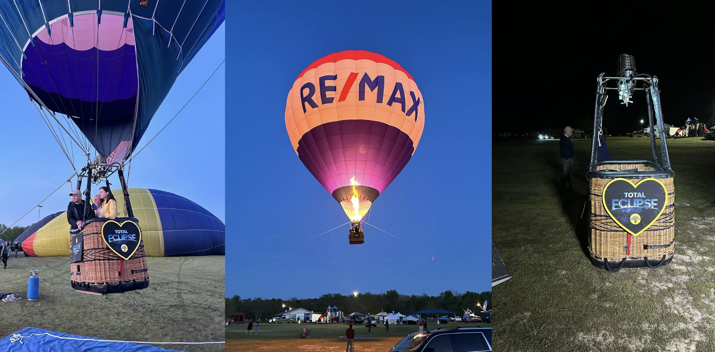 The RE/MAX hot air balloon flying during the 2024 solar eclipse in Russellville, Arkansas