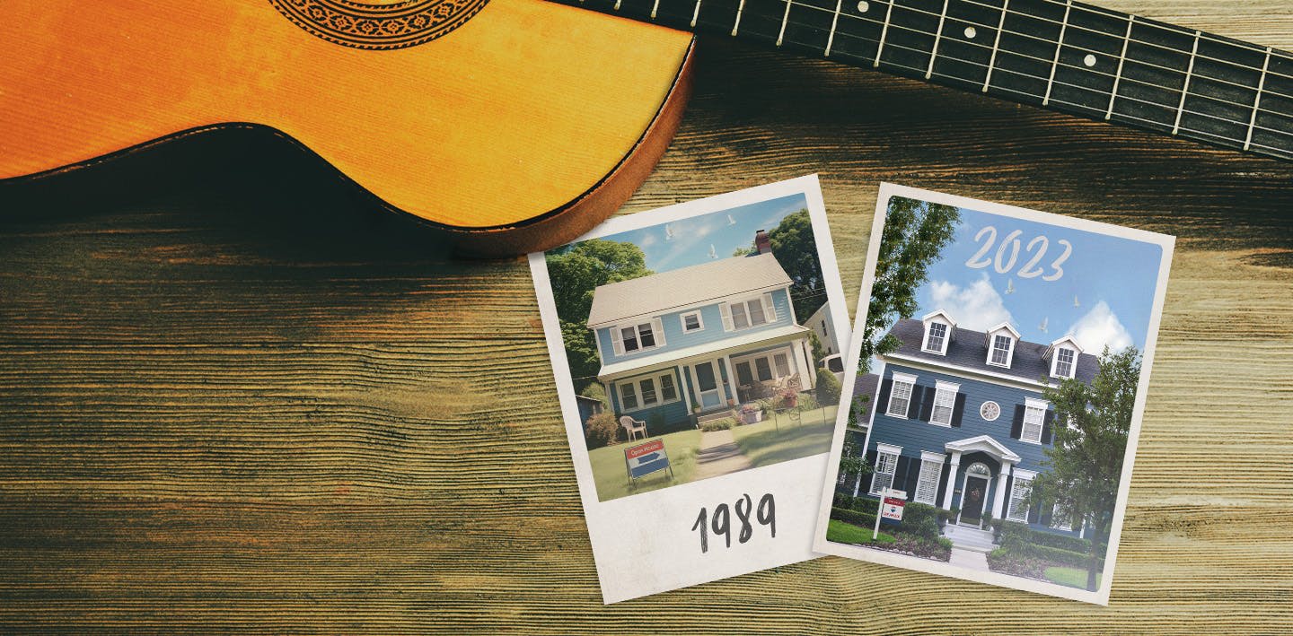 Polaroid photos of houses in 1989 and 2023.