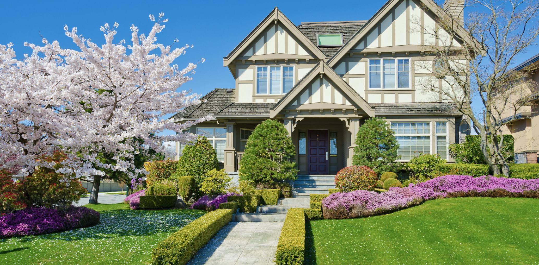 House with green grass, purple flowers, and a flowering tree in the front yard