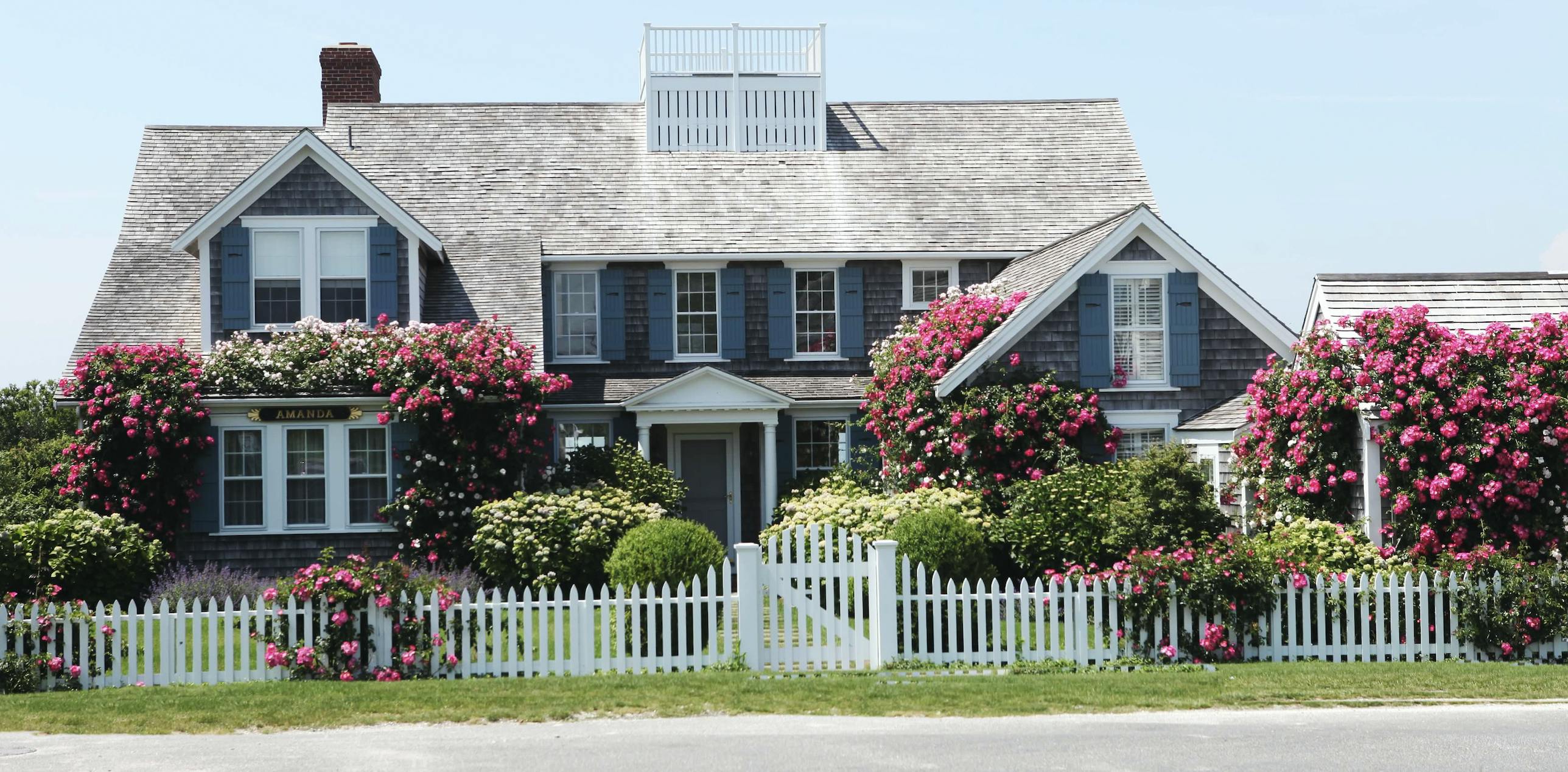 Blue home with pink roses outside