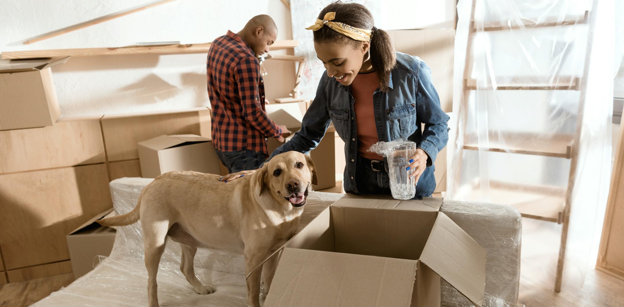 Couple packs boxes alongside tan dog