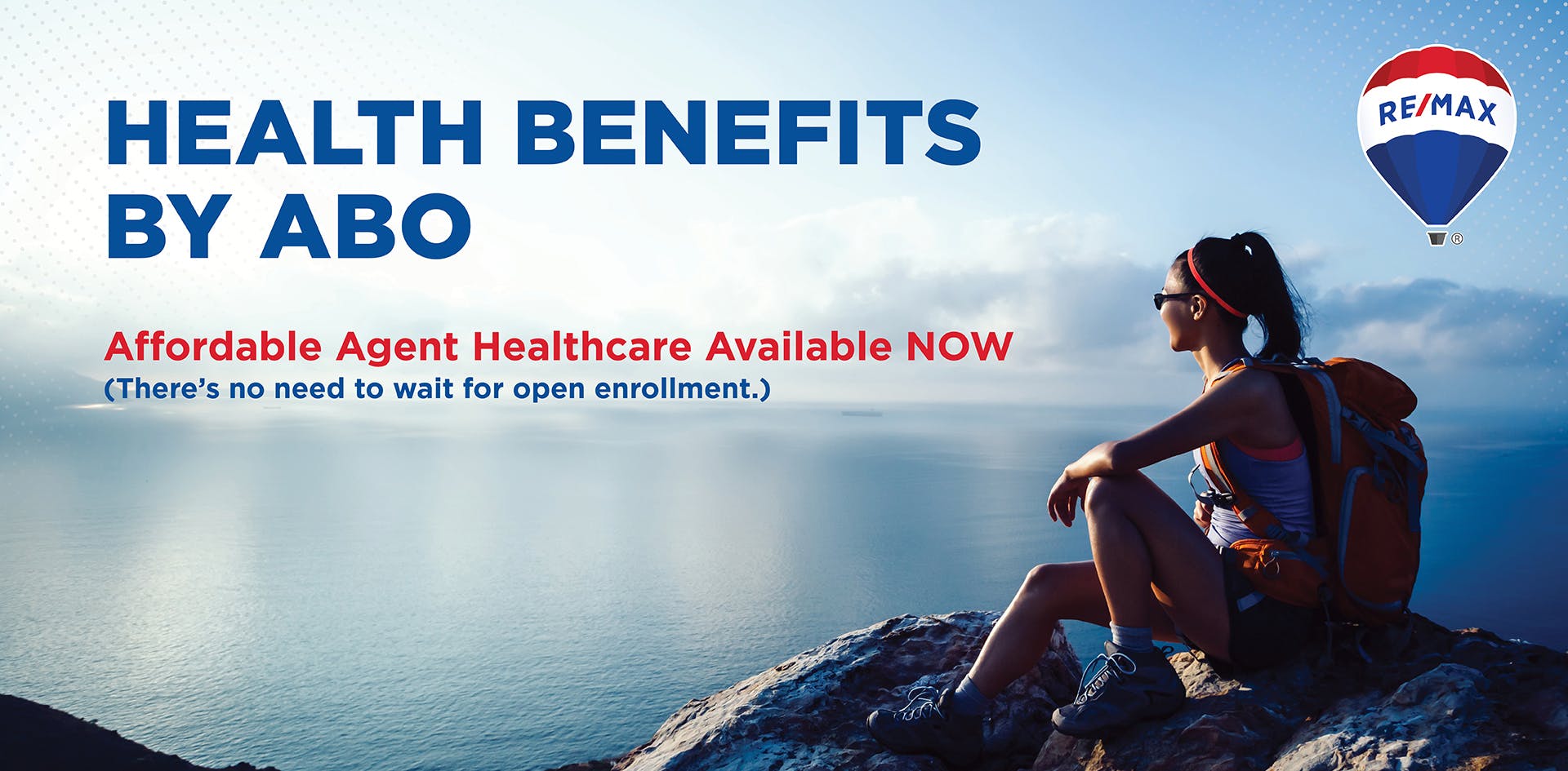 A woman sits atop a rock overlooking the ocean in graphic for Health Benefits by ABO program, which is offered to RE/MAX affiliates.