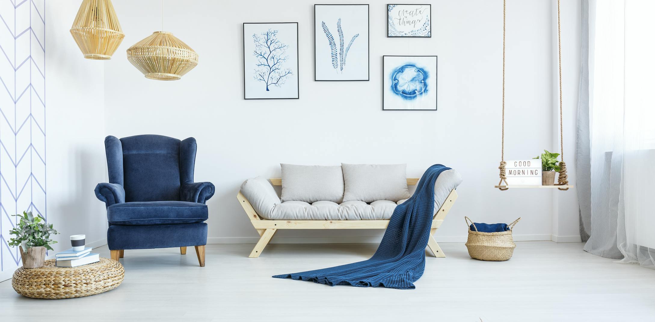 A living room with blue and wooden accents.