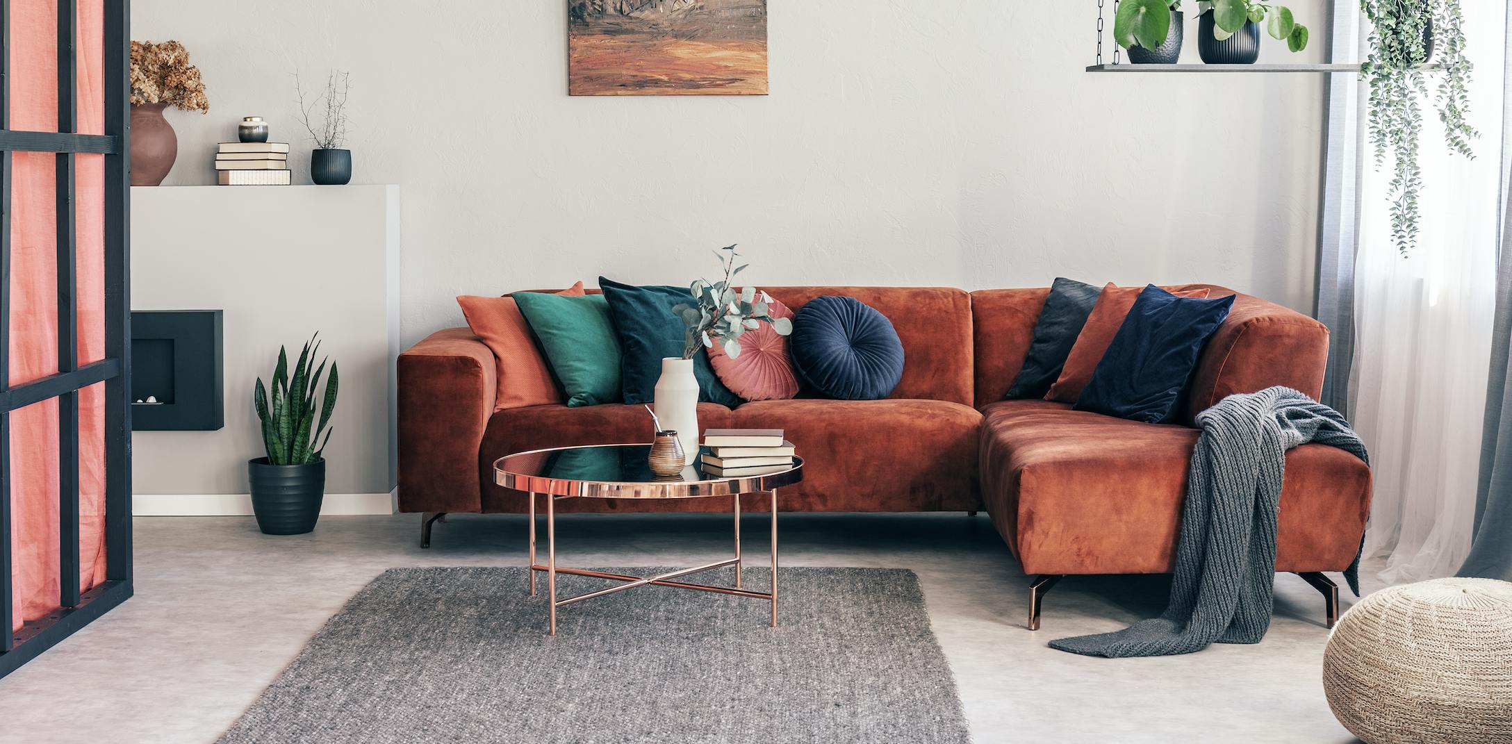 Living room with a red sofa and plants hanging from the ceiling
