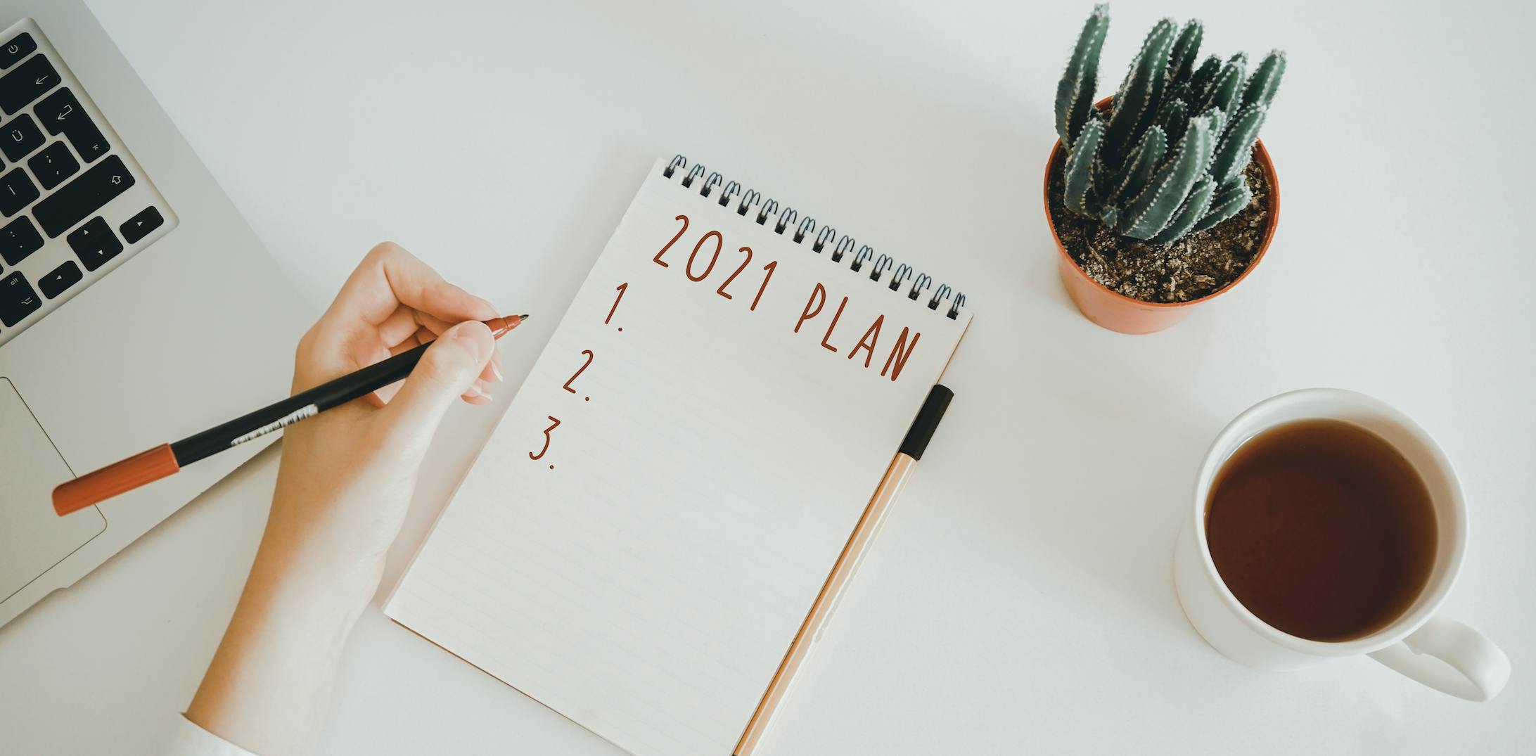 Person writing in a journal their 2021 plan