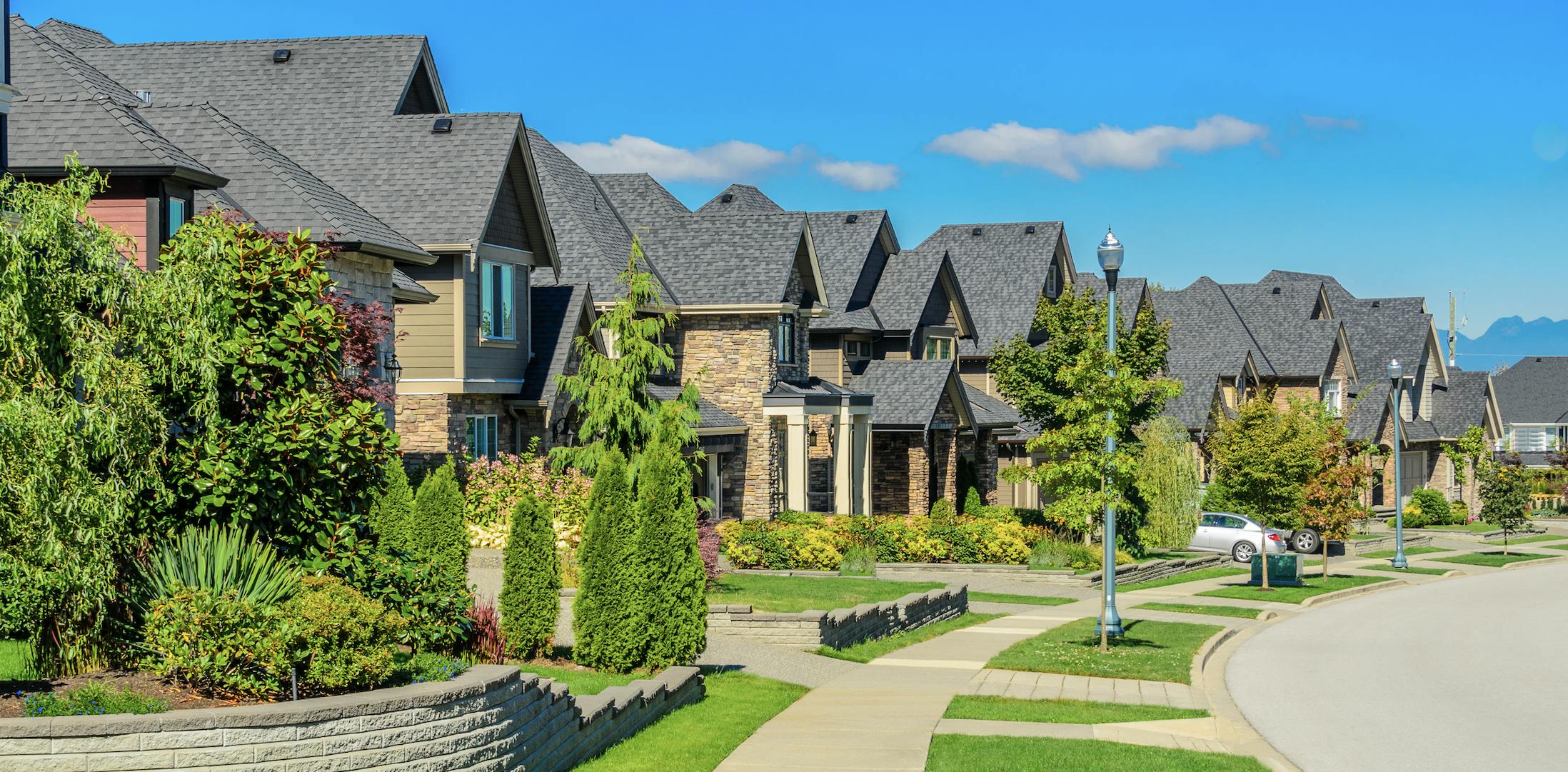 Neighborhood with green grass and blue skies.