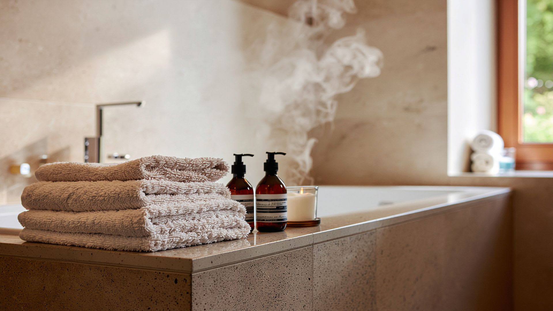 Folded towels, soap bottles and a lit candle on a spa-inspired stone ensuite bathtub ledge
