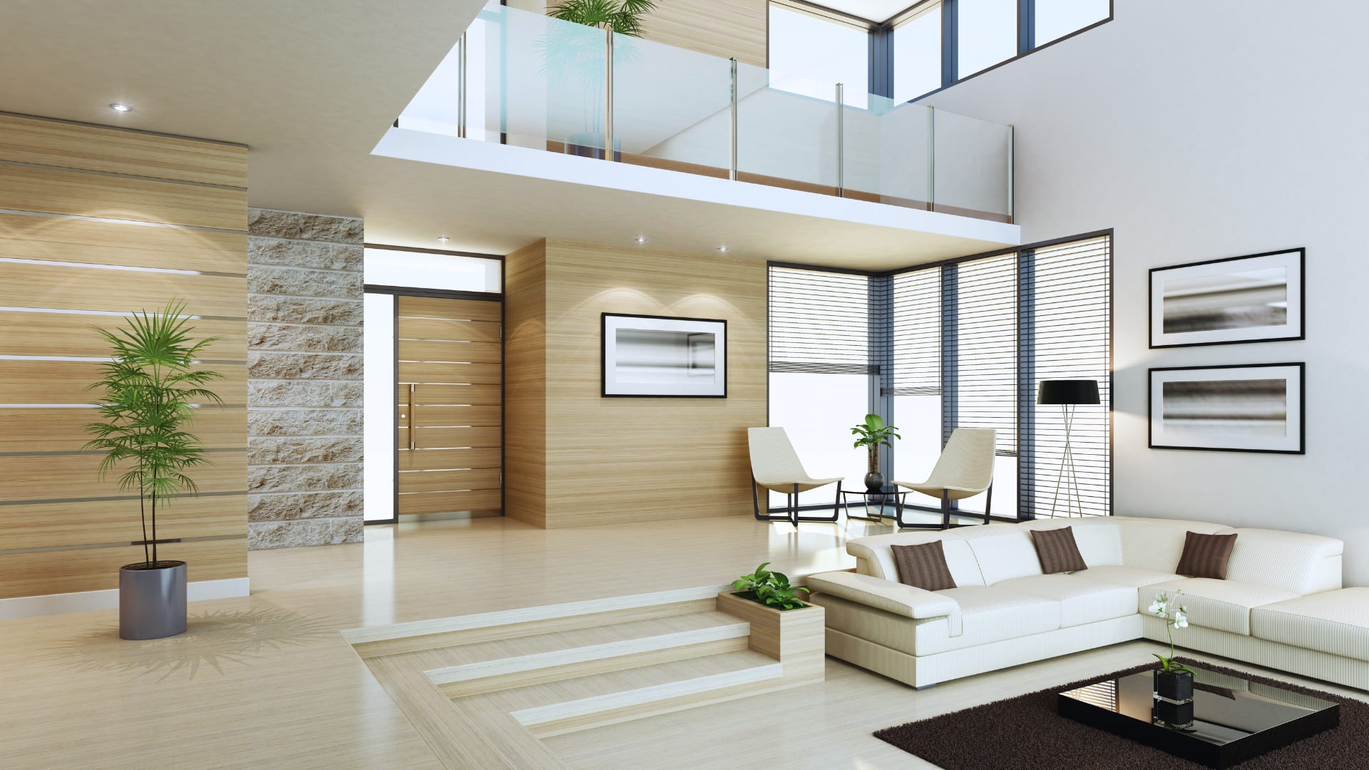 Modern open-concept living room with a white sectional sofa, wood-paneled walls and a glass-railed loft