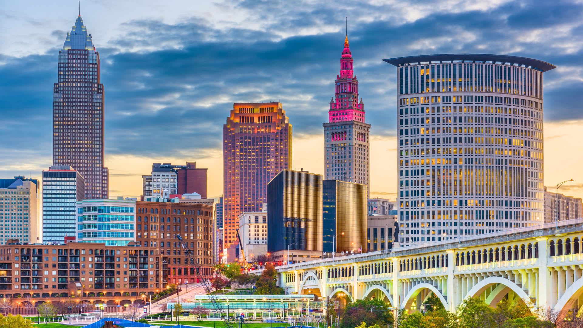 Downtown Cleveland skyline at sunset with Terminal Tower, Key Tower and the Veterans Memorial Bridge