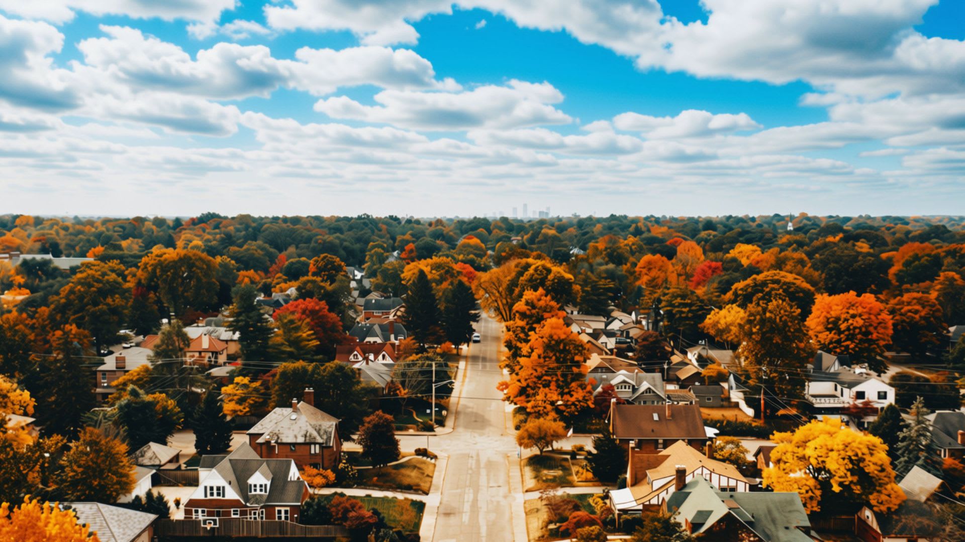 Aerial view of a tree-lined residential street with fall foliage and a city skyline in the distance
