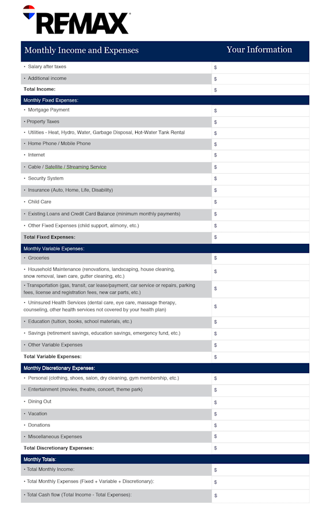 REMAX Monthly Home Budget Planner