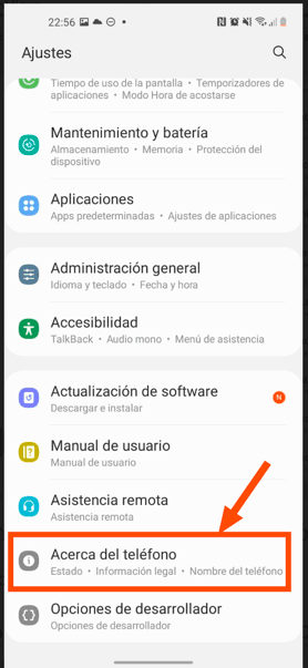 Opción acerca del teléfono Android en Ajustes