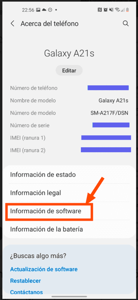 Sección de información del software del móvil android