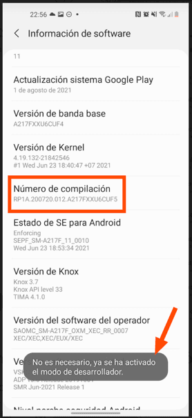 Número de compilación ya activado modo desarrollador