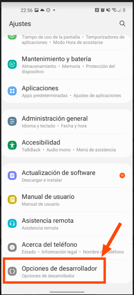 Opciones de desarrollador activado