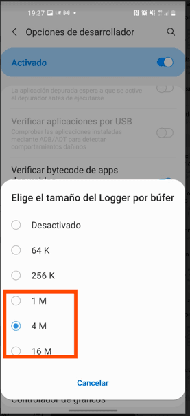 Menú de las opciones del tamaño del buffer de las opciones de desarrollador.