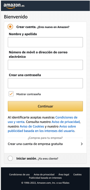 Datos para crear cuenta de Amazon